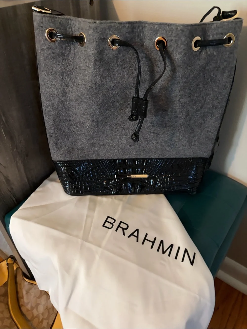 Brahmin Gray Felt and Black Croc-Embossed Drawstring Bucket Bag